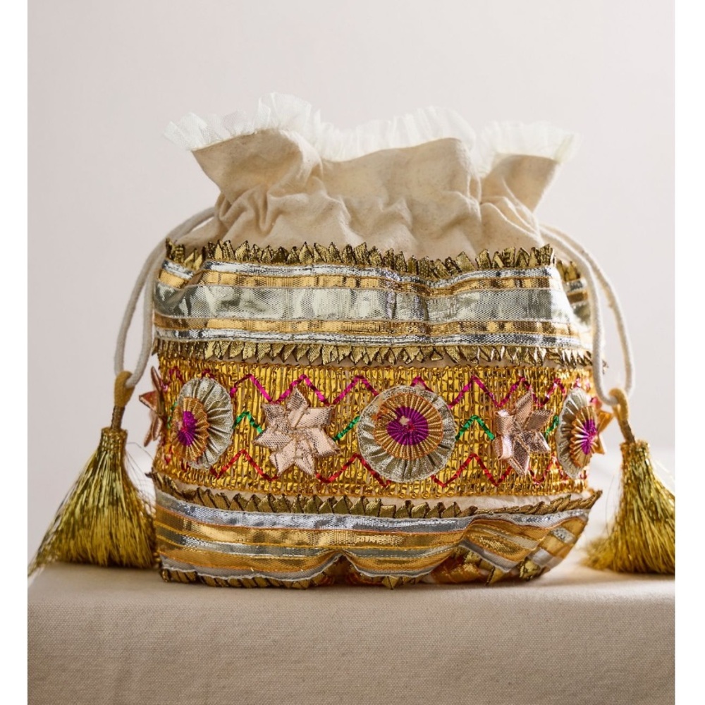 Free People Seasons Sparkle Mini Gift Sack Embroidered Pouch Bag Gold NEW NWT - Picture 4 of 14